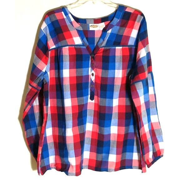 Collections ETC Tunic Top Women's Sz XL Red White Blue Plaid Long sleeve Popover - Picture 1 of 9